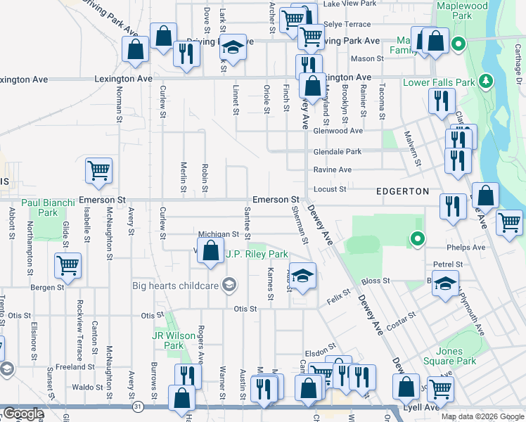 map of restaurants, bars, coffee shops, grocery stores, and more near 51 Curtis Street in Rochester