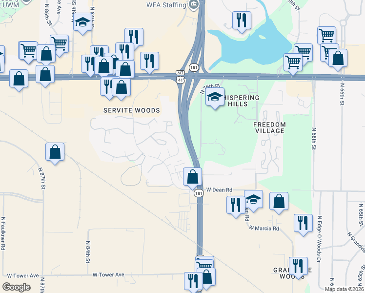 map of restaurants, bars, coffee shops, grocery stores, and more near 7664 West Wabash Court in Milwaukee
