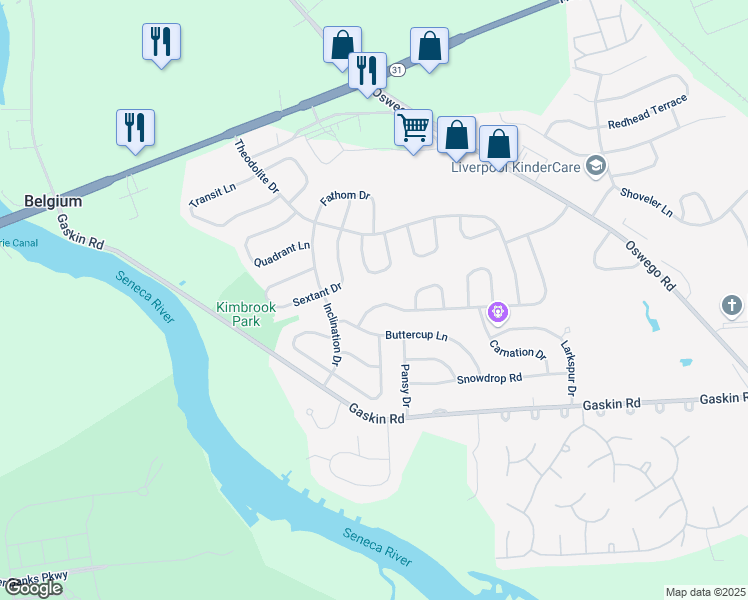 map of restaurants, bars, coffee shops, grocery stores, and more near 8304 Zenith Drive in Baldwinsville