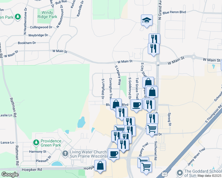 map of restaurants, bars, coffee shops, grocery stores, and more near Wild Flower Way in Sun Prairie