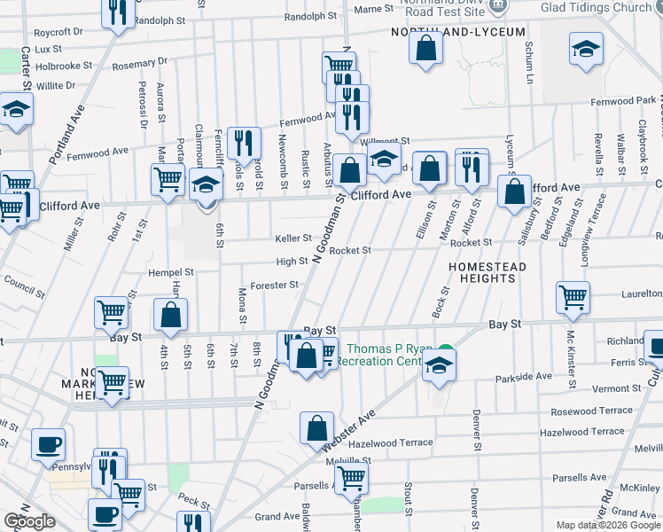 map of restaurants, bars, coffee shops, grocery stores, and more near 99 Winterroth Street in Rochester