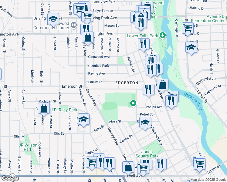 map of restaurants, bars, coffee shops, grocery stores, and more near 215 Emerson Street in Rochester