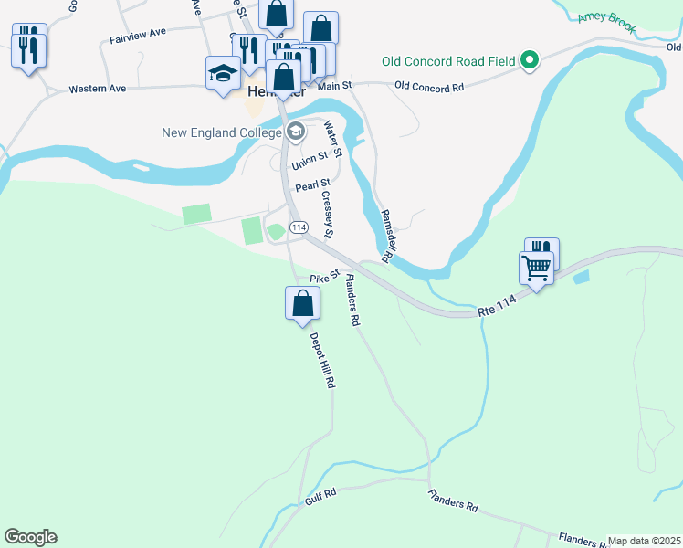 map of restaurants, bars, coffee shops, grocery stores, and more near 44 Pike Street in Henniker