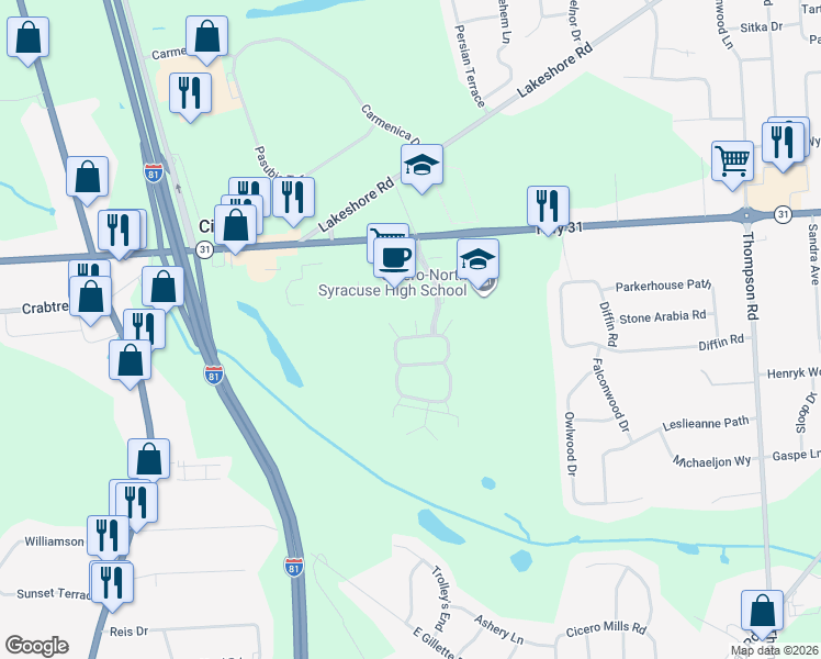 map of restaurants, bars, coffee shops, grocery stores, and more near 8822 New Country Drive in Cicero