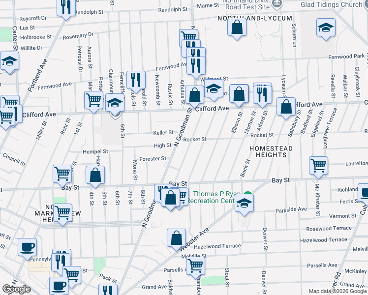 map of restaurants, bars, coffee shops, grocery stores, and more near 99 Winterroth Street in Rochester