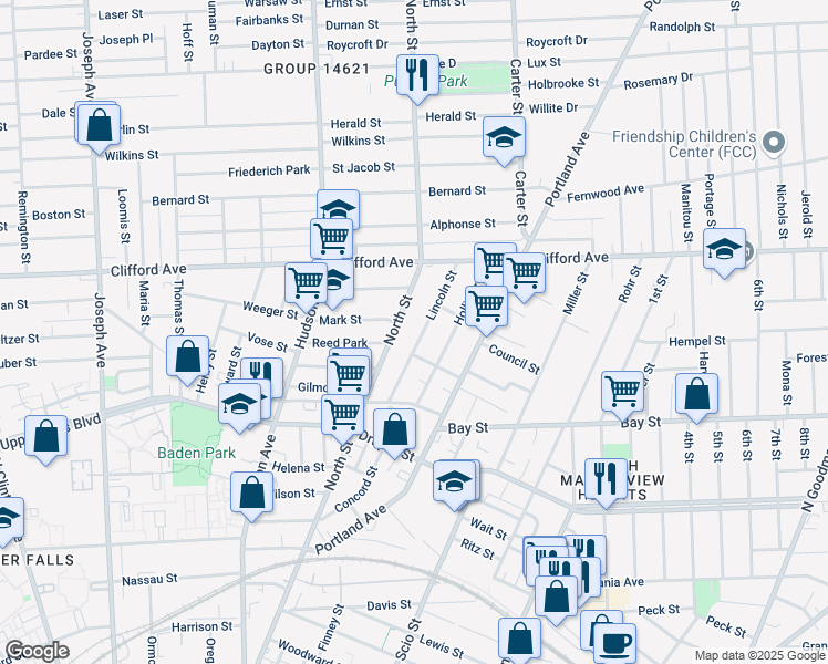 map of restaurants, bars, coffee shops, grocery stores, and more near 90 Lincoln Street in Rochester