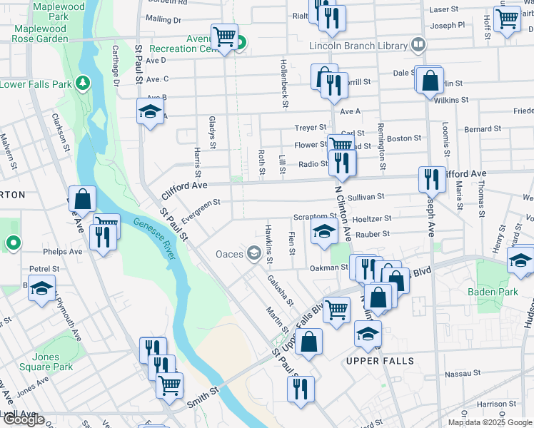 map of restaurants, bars, coffee shops, grocery stores, and more near 67 Scrantom Street in Rochester