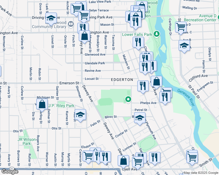 map of restaurants, bars, coffee shops, grocery stores, and more near 215 Emerson Street in Rochester