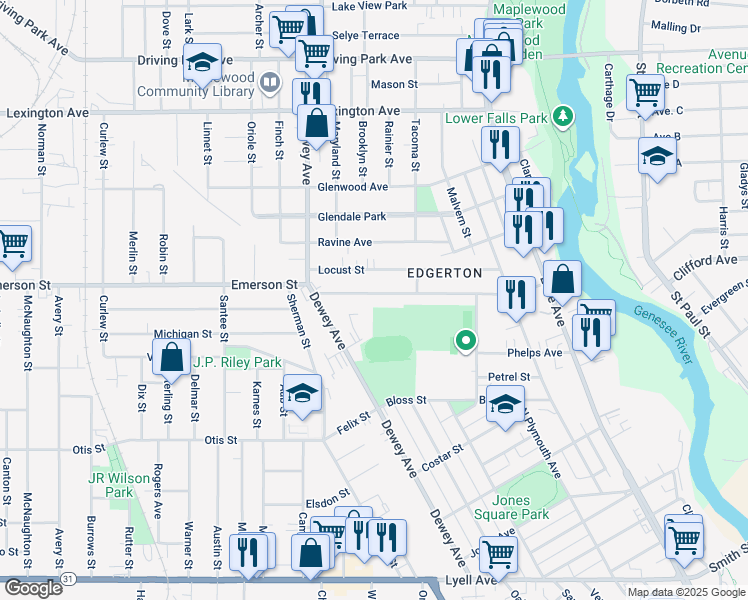 map of restaurants, bars, coffee shops, grocery stores, and more near 275 Emerson Street in Rochester