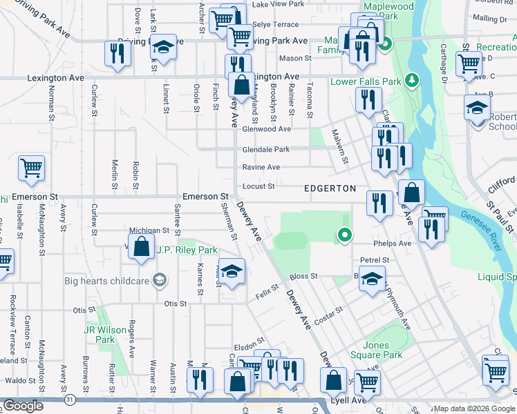 map of restaurants, bars, coffee shops, grocery stores, and more near 333 Emerson Street in Rochester