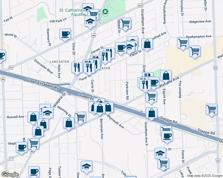 map of restaurants, bars, coffee shops, grocery stores, and more near 23 Saint George Street in St. Catharines