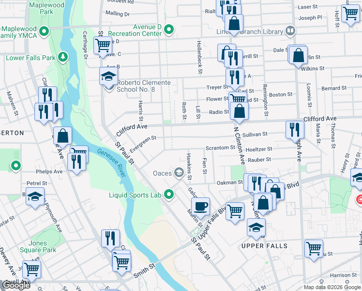 map of restaurants, bars, coffee shops, grocery stores, and more near 67 Scrantom Street in Rochester