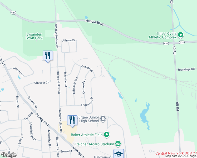 map of restaurants, bars, coffee shops, grocery stores, and more near 58 Edgewood Drive in Baldwinsville