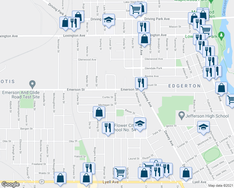 map of restaurants, bars, coffee shops, grocery stores, and more near 212 Santee Street in Rochester