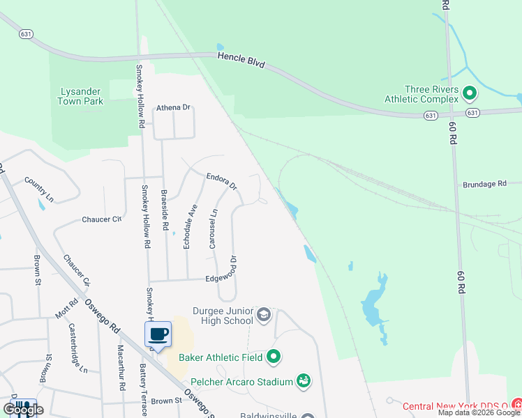 map of restaurants, bars, coffee shops, grocery stores, and more near 58 Edgewood Drive in Baldwinsville
