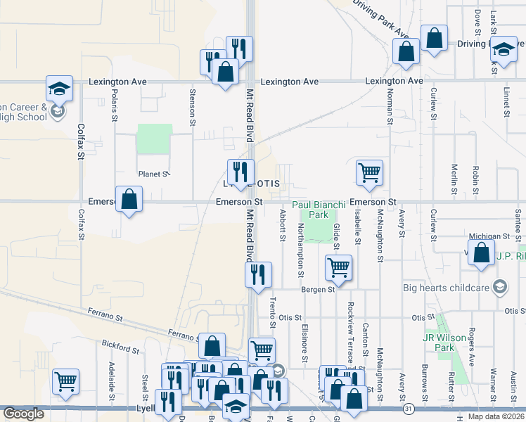 map of restaurants, bars, coffee shops, grocery stores, and more near 1047 Emerson Street in Rochester
