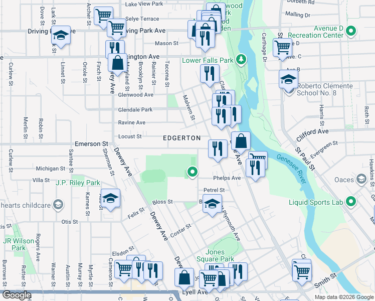 map of restaurants, bars, coffee shops, grocery stores, and more near in Rochester