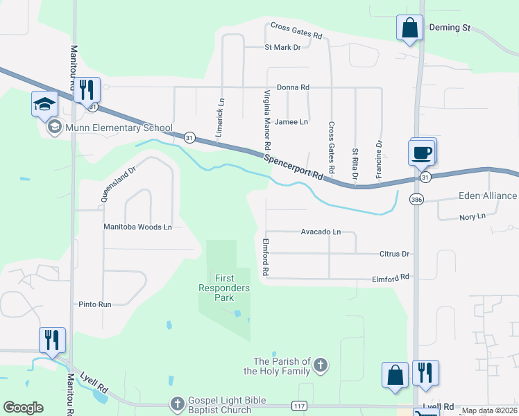 map of restaurants, bars, coffee shops, grocery stores, and more near 85 Elmford Road in Rochester