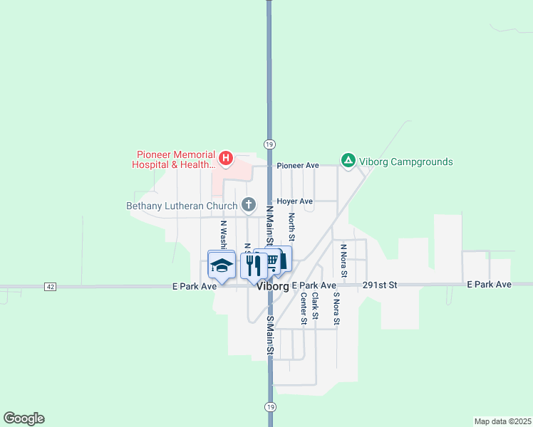 map of restaurants, bars, coffee shops, grocery stores, and more near 301 North Main Street in Viborg