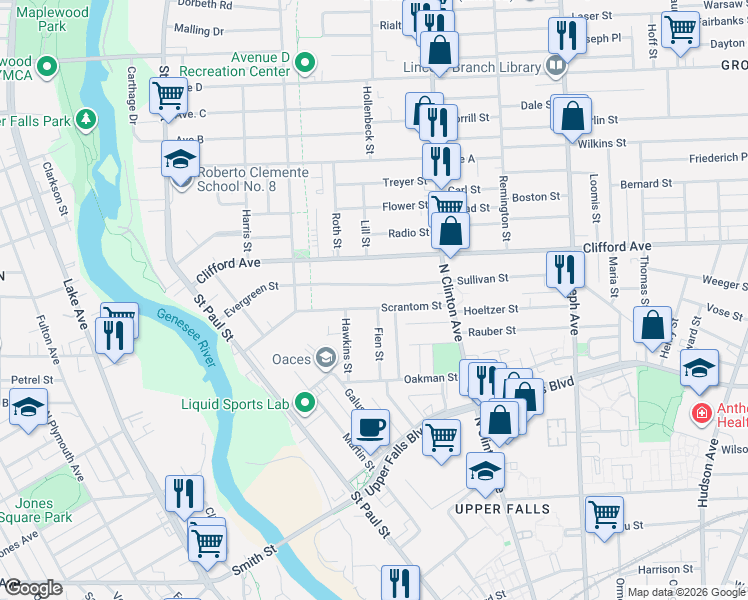 map of restaurants, bars, coffee shops, grocery stores, and more near 97 Scrantom Street in Rochester