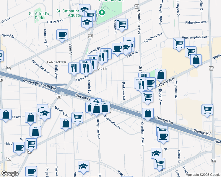 map of restaurants, bars, coffee shops, grocery stores, and more near 25 Sherbourne Street in Saint Catharines