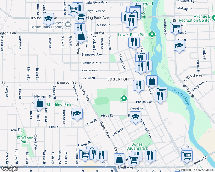 map of restaurants, bars, coffee shops, grocery stores, and more near 215 Emerson Street in Rochester