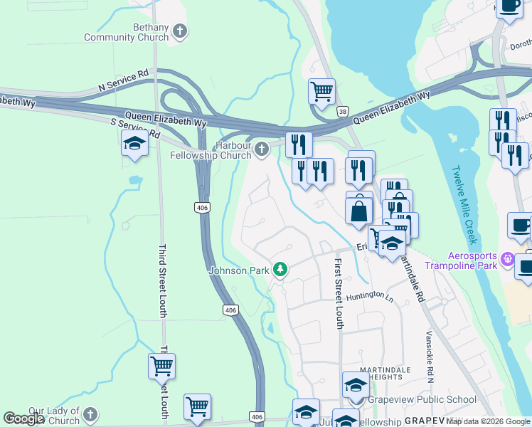 map of restaurants, bars, coffee shops, grocery stores, and more near 16 Captain Tenbrock Terrace in St. Catharines