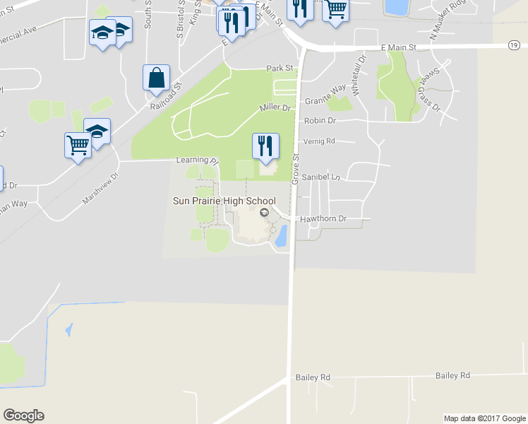 map of restaurants, bars, coffee shops, grocery stores, and more near 888 Grove Street in Sun Prairie