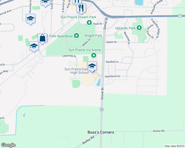 map of restaurants, bars, coffee shops, grocery stores, and more near 888 Grove Street in Sun Prairie