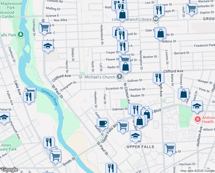 map of restaurants, bars, coffee shops, grocery stores, and more near 97 Scrantom Street in Rochester