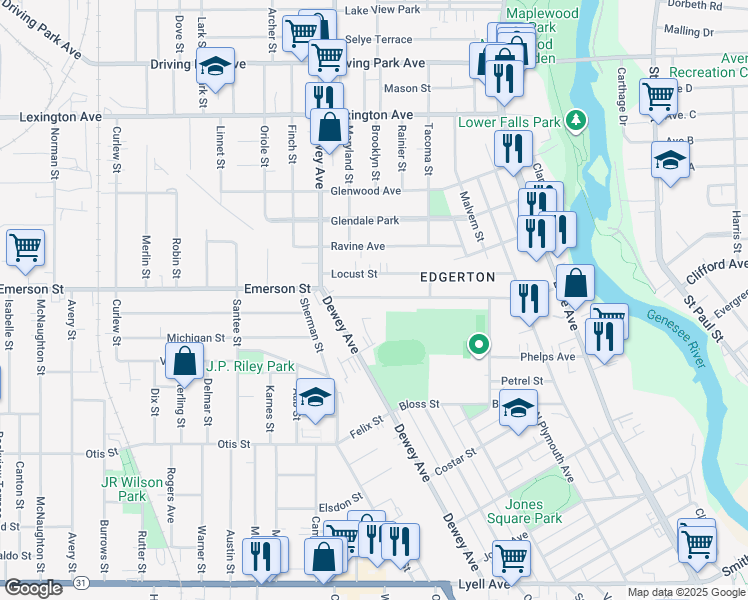 map of restaurants, bars, coffee shops, grocery stores, and more near 275 Emerson Street in Rochester