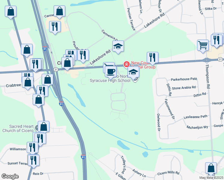 map of restaurants, bars, coffee shops, grocery stores, and more near 8822 New Country Drive in Cicero