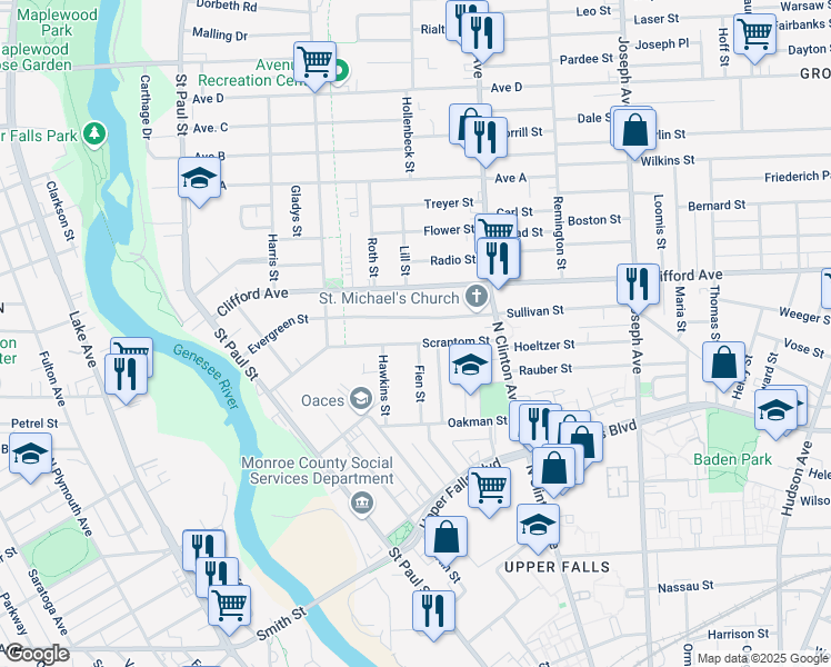 map of restaurants, bars, coffee shops, grocery stores, and more near 97 Scrantom Street in Rochester