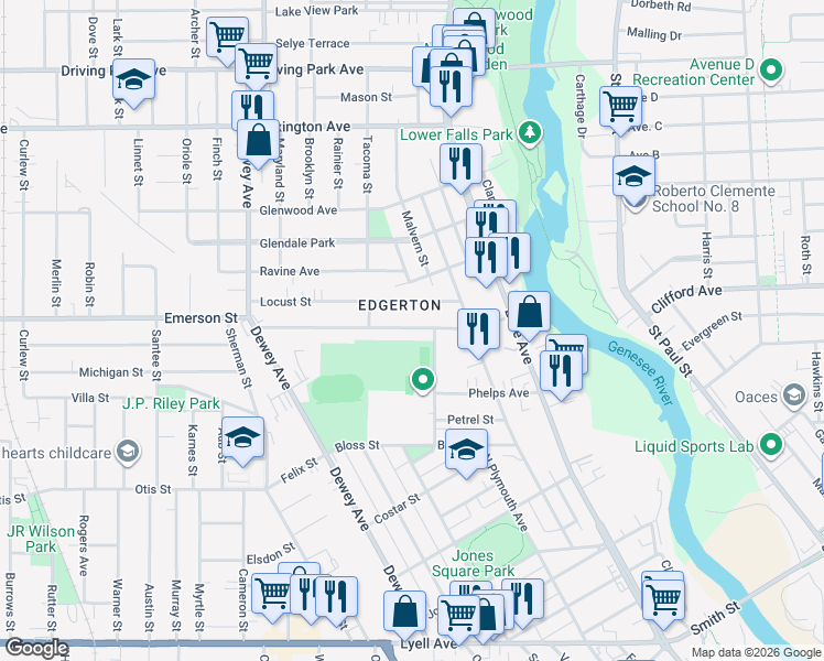 map of restaurants, bars, coffee shops, grocery stores, and more near in Rochester