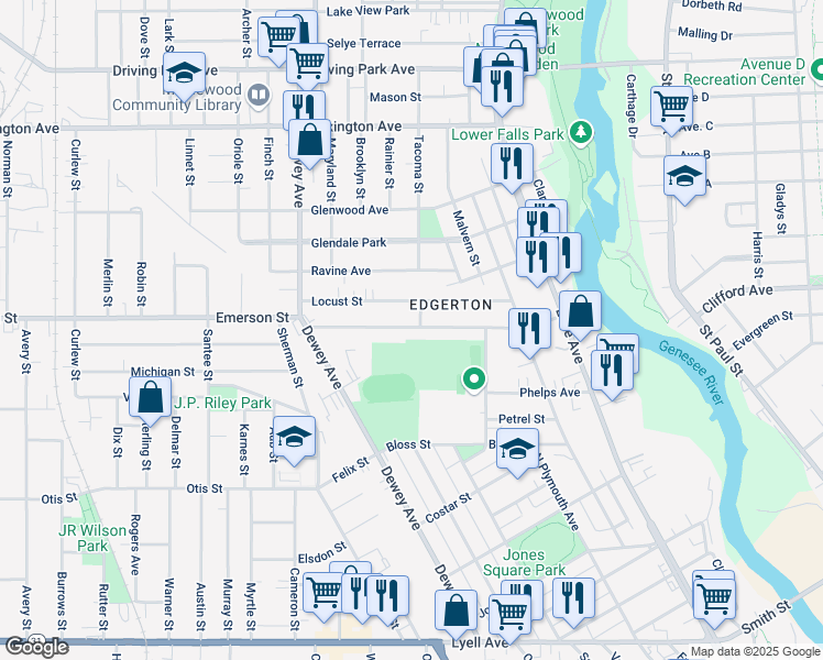 map of restaurants, bars, coffee shops, grocery stores, and more near 215 Emerson Street in Rochester