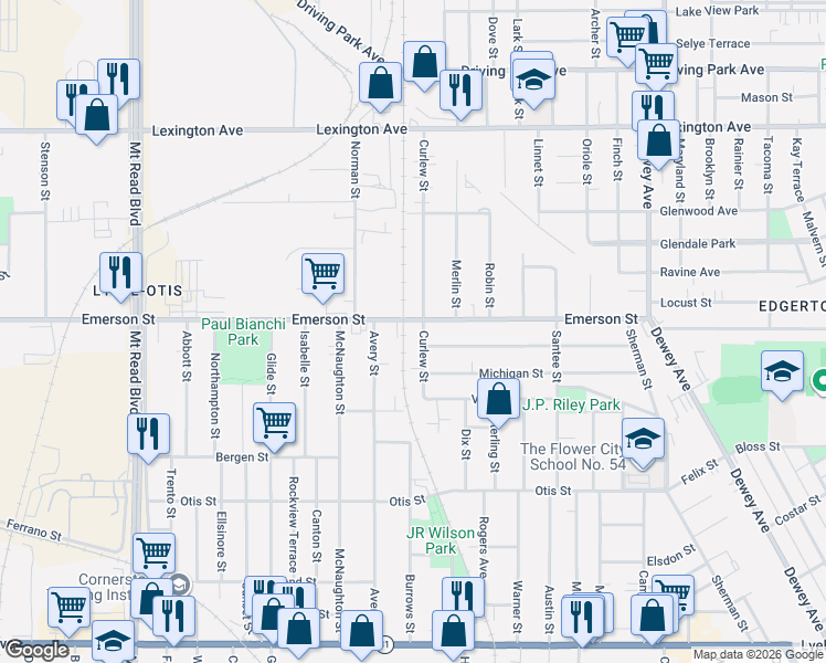 map of restaurants, bars, coffee shops, grocery stores, and more near 63 Curlew Street in Rochester