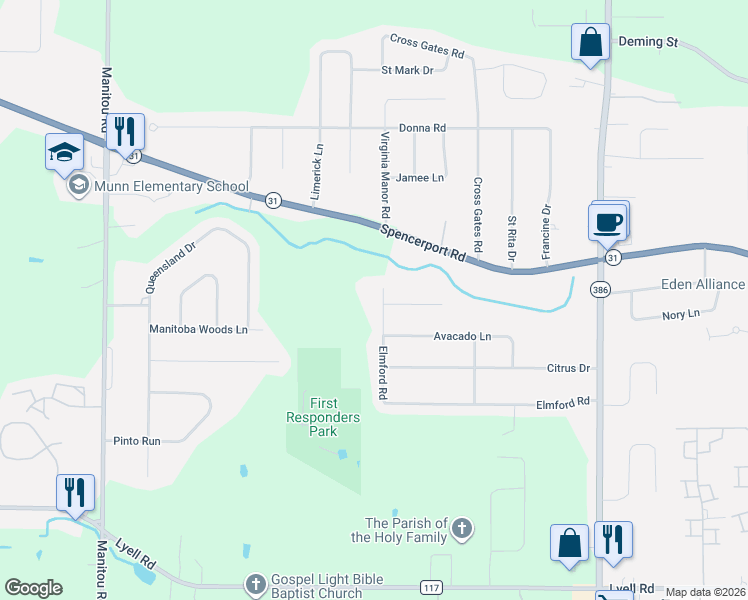 map of restaurants, bars, coffee shops, grocery stores, and more near 85 Elmford Road in Rochester