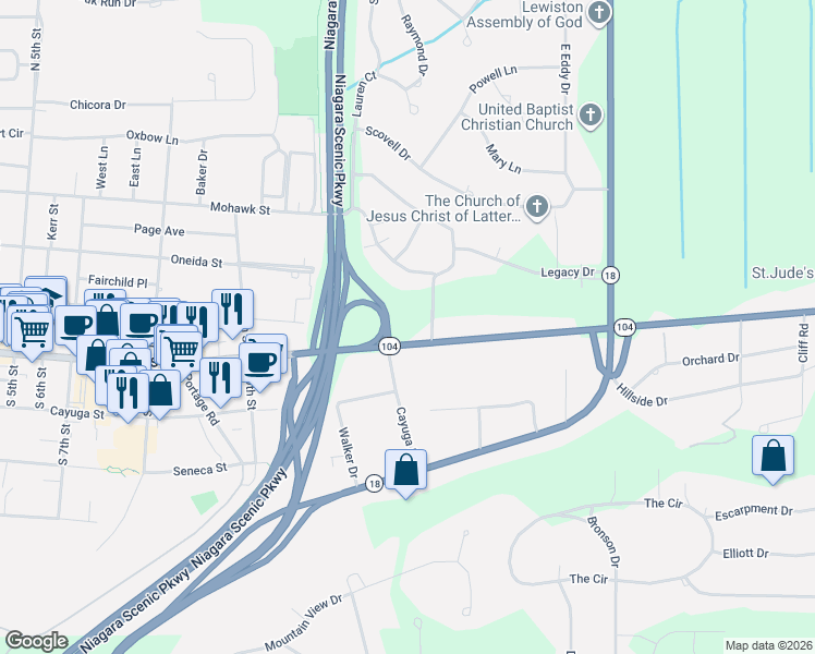 map of restaurants, bars, coffee shops, grocery stores, and more near 691 Ridge Road in Lewiston