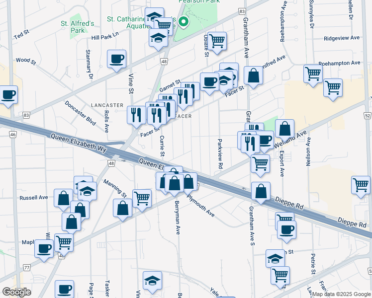 map of restaurants, bars, coffee shops, grocery stores, and more near 23 Saint George Street in St. Catharines