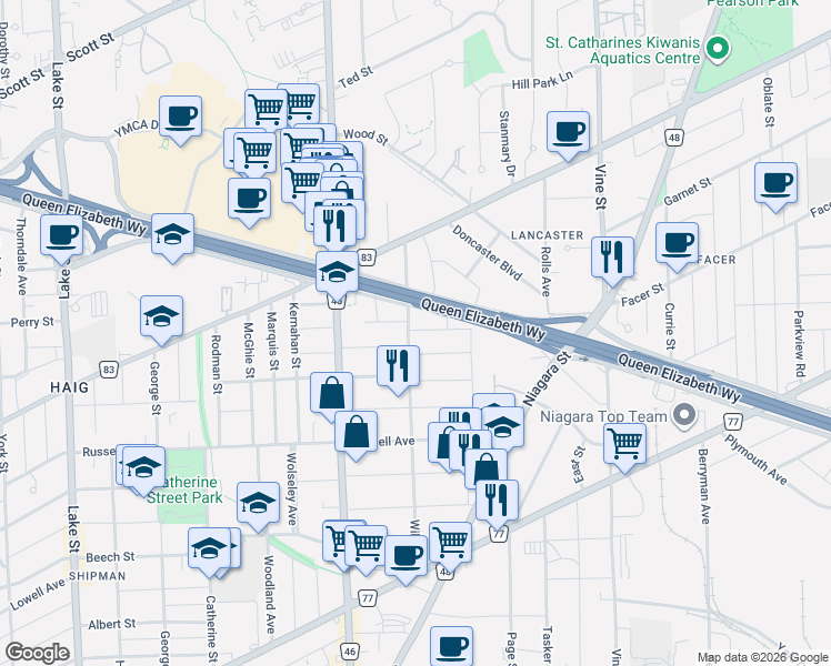 map of restaurants, bars, coffee shops, grocery stores, and more near in St. Catharines