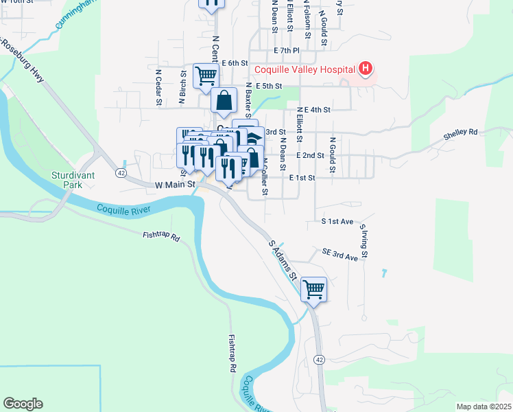 map of restaurants, bars, coffee shops, grocery stores, and more near 257 East Main Street in Coquille