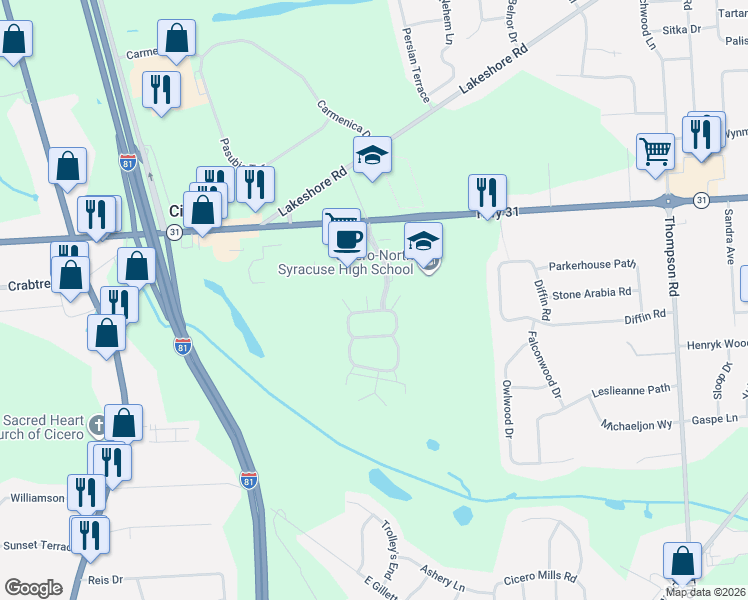 map of restaurants, bars, coffee shops, grocery stores, and more near 8822 New Country Drive in Cicero