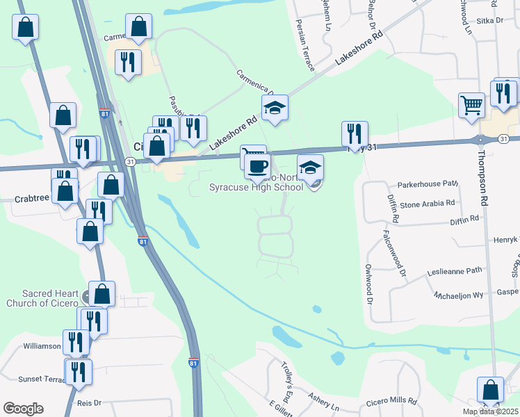 map of restaurants, bars, coffee shops, grocery stores, and more near 8822 New Country Drive in Cicero