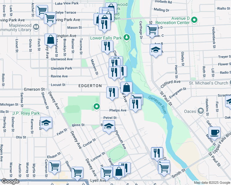map of restaurants, bars, coffee shops, grocery stores, and more near 27 Emerson Street in Rochester