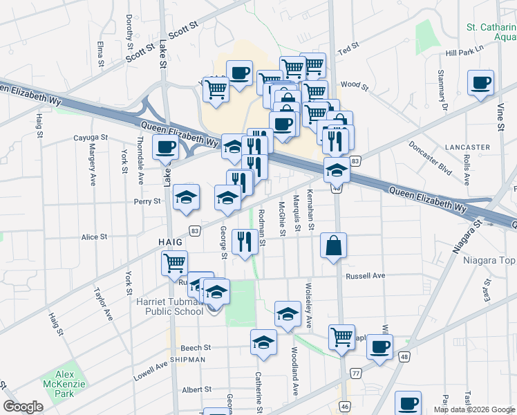 map of restaurants, bars, coffee shops, grocery stores, and more near 83 Rodman Street in St. Catharines
