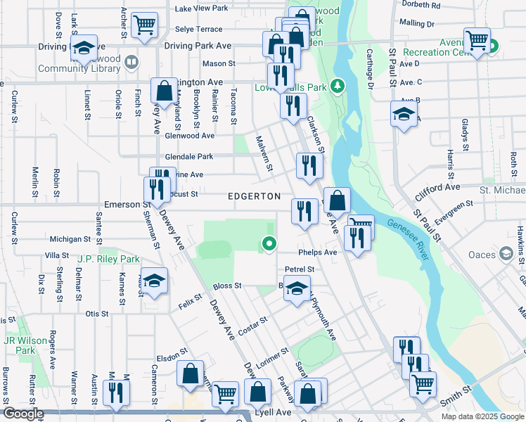 map of restaurants, bars, coffee shops, grocery stores, and more near in Rochester
