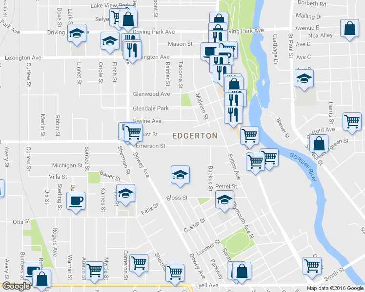 map of restaurants, bars, coffee shops, grocery stores, and more near 191 Emerson Street in Rochester