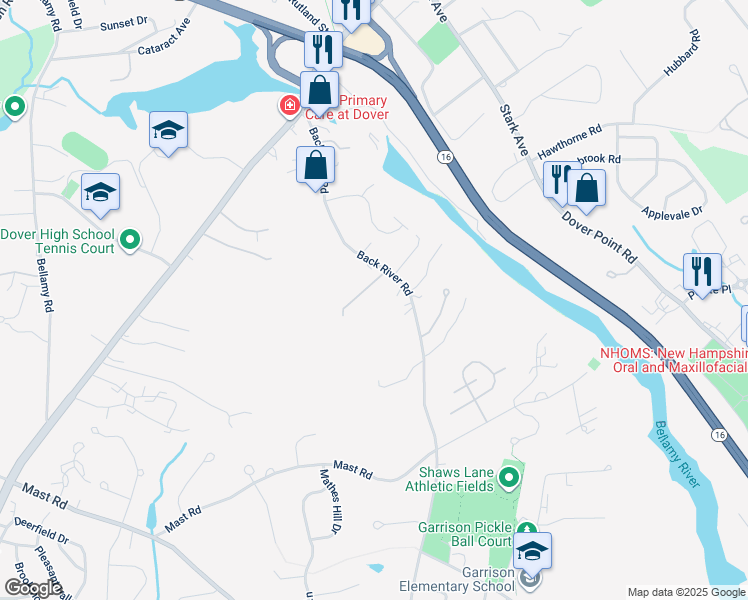 map of restaurants, bars, coffee shops, grocery stores, and more near 49 Back River Road in Dover