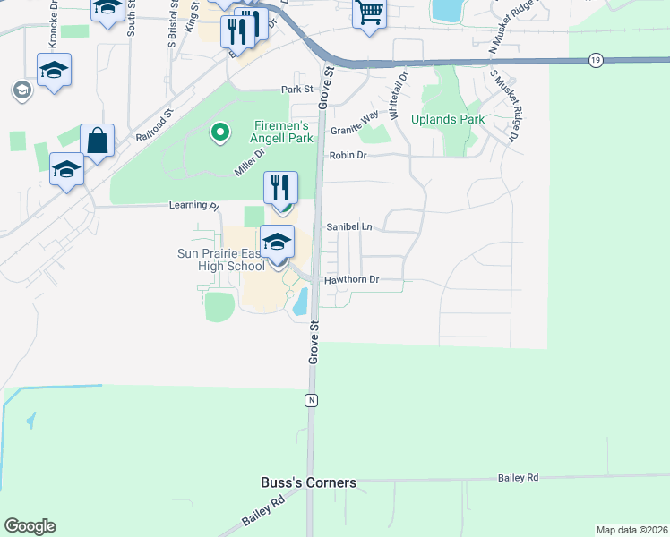 map of restaurants, bars, coffee shops, grocery stores, and more near 601 Hawthorn Drive in Sun Prairie