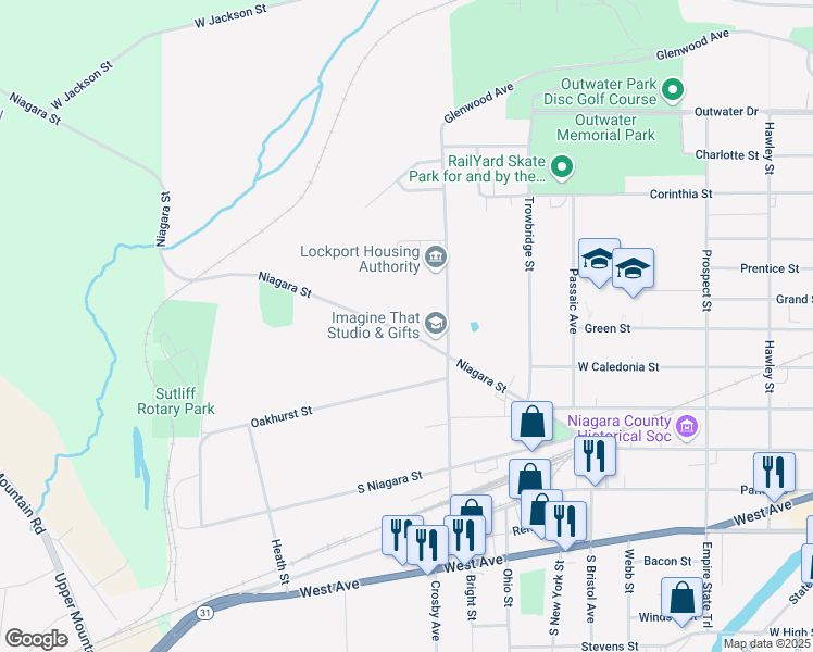 map of restaurants, bars, coffee shops, grocery stores, and more near 541 Niagara Street in Lockport